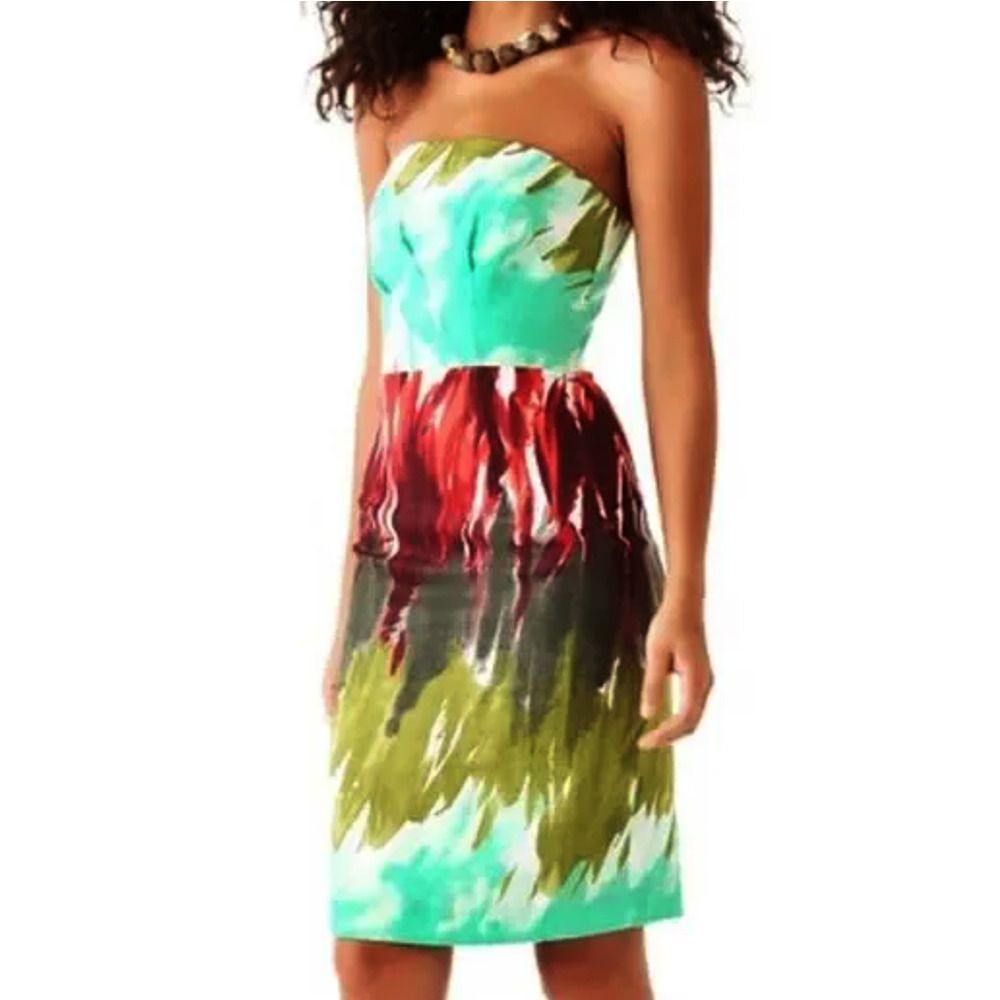 Milly Watercolor Print Strapless Linen Sheath Dress - Picture 1 of 6